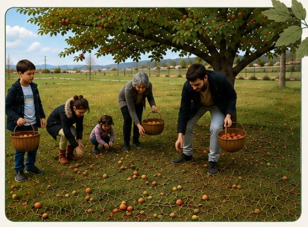 Familia recogiendo frutos junto a un árbol